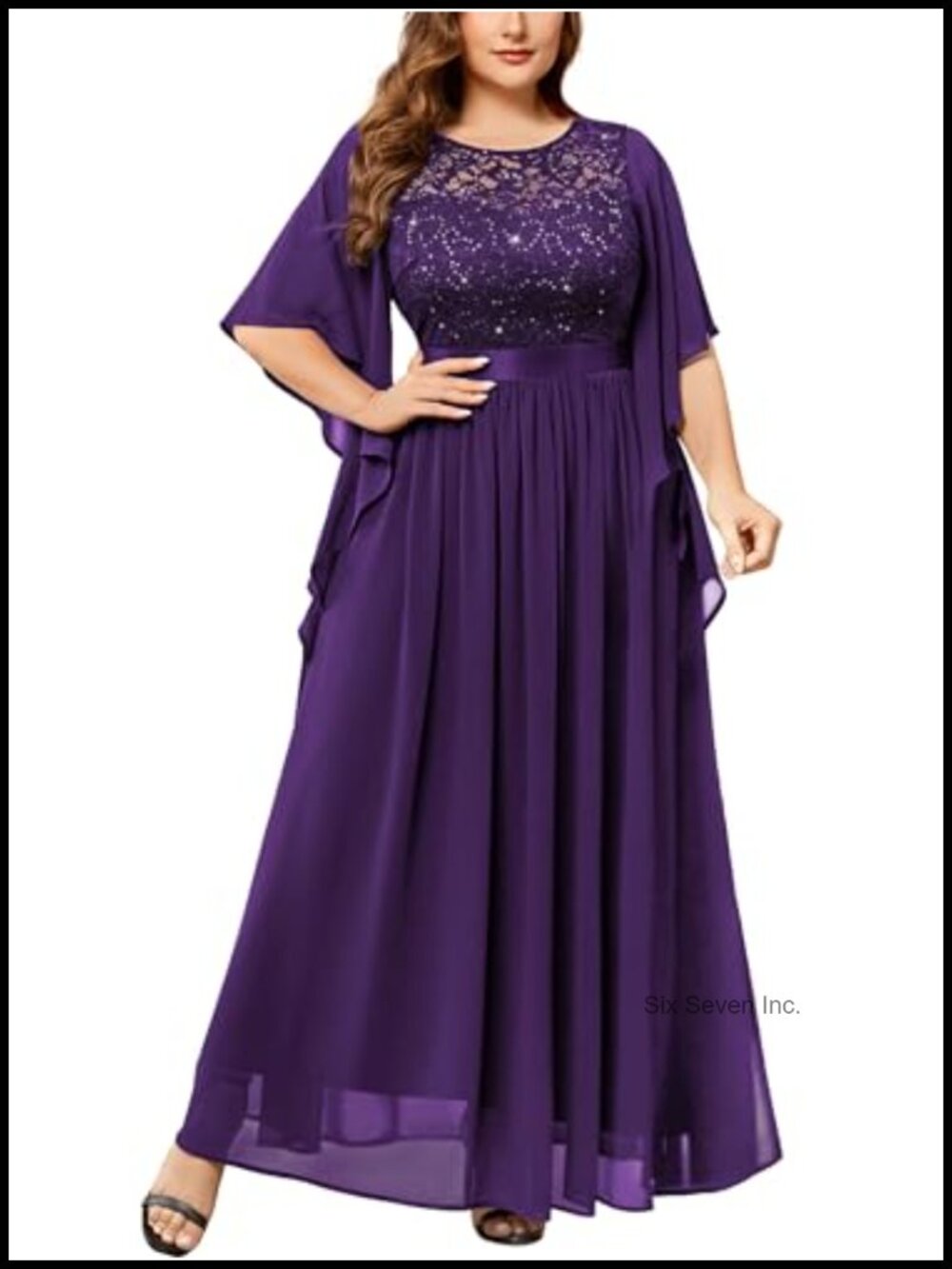 Sequin Lace Cape Sleeves Formal Evening Gown Maxi Dress with Zipper Closure